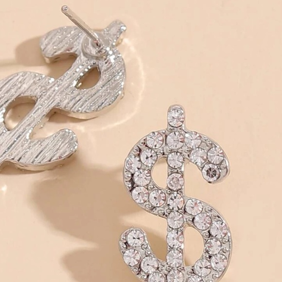 Silver Rhinestone Dollar Sign Earrings, Dollar Sign Stud Earrings - Picture 3 of 4